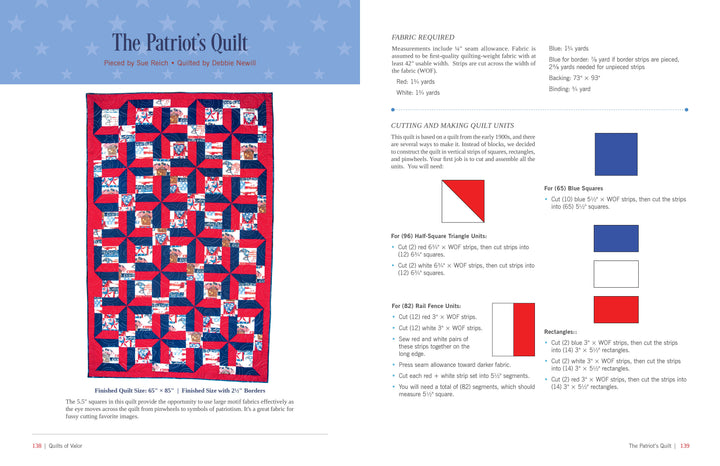 On the left is All-Star Quilts of Valor, 2nd Edition by Schiffer Publishing, Ltd., featuring patriotic red, white, and blue designs with detailed fabric requirements and color-coded instructions for meaningful quilt patterns.