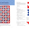 On the left is a quilt with blue, white, and red geometric patterns—ideal for patriotic projects in All-Star Quilts of Valor, 2nd Edition by Schiffer Publishing, Ltd. On the right are diagrams, assembly steps, and color-coded block charts.
