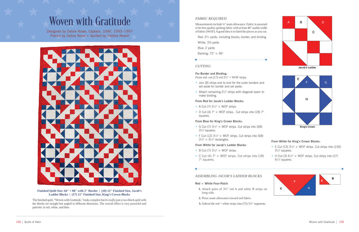 On the left is a quilt with blue, white, and red geometric patterns—ideal for patriotic projects in All-Star Quilts of Valor, 2nd Edition by Schiffer Publishing, Ltd. On the right are diagrams, assembly steps, and color-coded block charts.