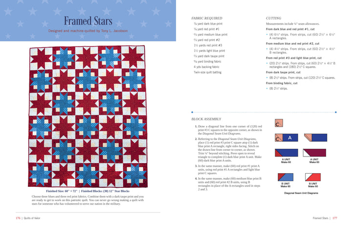All-Star Quilts of Valor, 2nd Edition by Schiffer Publishing, Ltd., features patriotic star quilt patterns with materials lists, cutting guides, and step-by-step assembly diagrams—ideal for Quilts of Valor and other red, white, and blue projects.