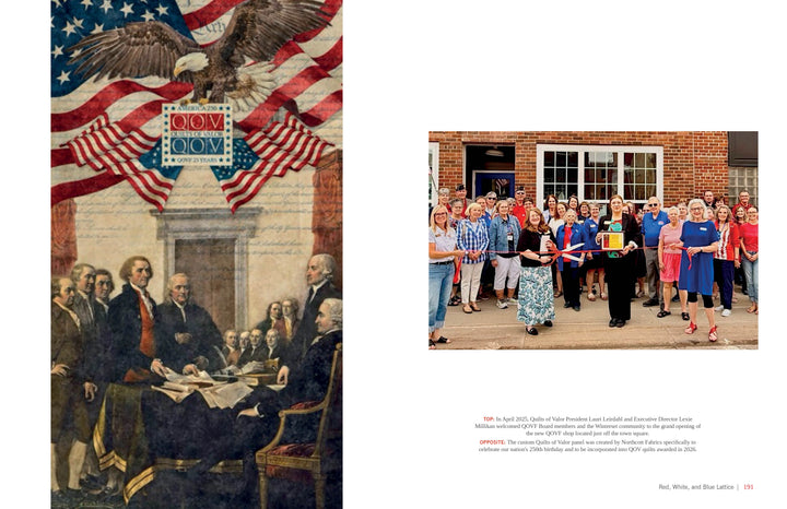 Left: Illustration of the signing of the Declaration of Independence with an eagle and flags. Right: Group celebrates military veterans with patriotic quilt patterns from All-Star Quilts of Valor, 2nd Edition by Schiffer Publishing, Ltd.