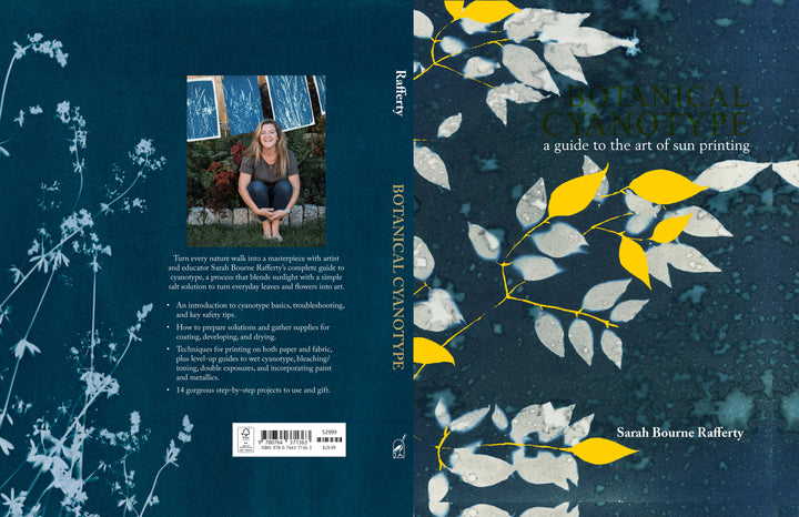 The book cover for Botanical Cyanotype by Schiffer Publishing, Ltd. features yellow plant silhouettes on a blue background and a photo of the author smiling outdoors, highlighting botanical sun printing art.