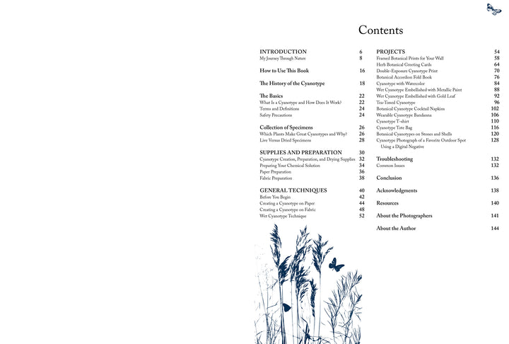 Botanical Cyanotype by Schiffer Publishing, Ltd. features a table of contents with a grasses and butterflies cyanotype design. The guide includes introduction, supplies, techniques, projects, troubleshooting, and resources for botanical art lovers.