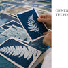 Someone arranges Schiffer Publishing, Ltd.'s Botanical Cyanotype art prints—blue and white fern leaf designs—on a table, showcasing this photographic printing technique. "GENERAL TECHNIQUES" appears on the right against a white background.