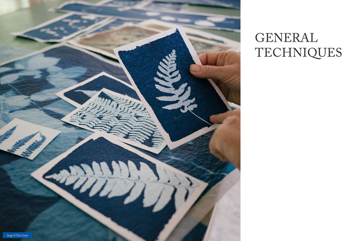 Someone arranges Schiffer Publishing, Ltd.'s Botanical Cyanotype art prints—blue and white fern leaf designs—on a table, showcasing this photographic printing technique. "GENERAL TECHNIQUES" appears on the right against a white background.