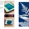 Three images: a tray of water with blue-tinted fabric from the Botanical Cyanotype kit by Schiffer Publishing, Ltd., a hand lifting the fabric, and a close-up of blue fabric with white fern patterns. Decorative fern graphics border the left edge.