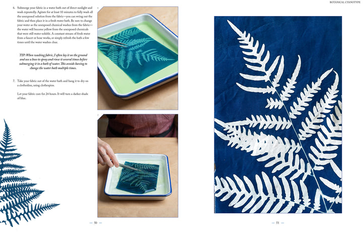 Three images: a tray of water with blue-tinted fabric from the Botanical Cyanotype kit by Schiffer Publishing, Ltd., a hand lifting the fabric, and a close-up of blue fabric with white fern patterns. Decorative fern graphics border the left edge.
