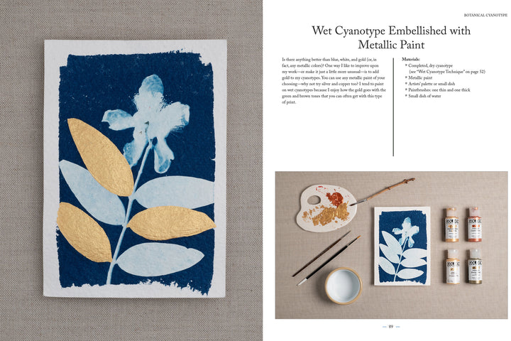 The "Botanical Cyanotype" by Schiffer Publishing, Ltd. showcases a blue flower print with gold accents on linen, set beside a cyanotype guide and art tools—an inspiring introduction to solar prints and botanical art.
