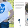 A person wears a "Botanical Cyanotype" t-shirt by Schiffer Publishing, Ltd., with a blue circle and white botanical silhouettes. Nearby: images of the shirt, pressed flowers, a flower silhouette, and info on botanical art and solar prints.