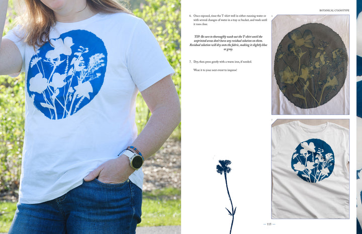 A person wears a "Botanical Cyanotype" t-shirt by Schiffer Publishing, Ltd., with a blue circle and white botanical silhouettes. Nearby: images of the shirt, pressed flowers, a flower silhouette, and info on botanical art and solar prints.