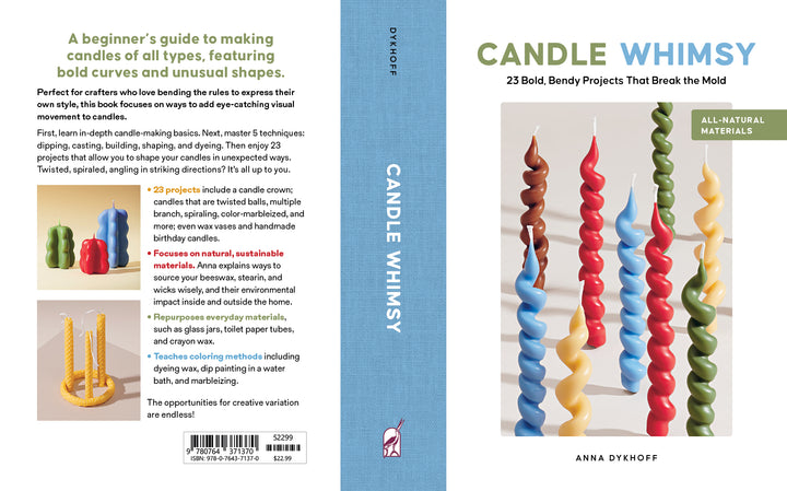 The Candle Whimsy book cover by Schiffer Publishing, Ltd. features colorful twisted candles in glass holders with the title and subtitle, while the back describes creative candle projects for beginners and shows more twisted candles.
