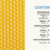 Table of contents for Candle Whimsy by Schiffer Publishing, Ltd. on a cream background, featuring sections like Getting Started, Dipping, Shaping, Casting, Dyeing, and Ideas, with bold blue numbers and a yellow honeycomb wax pattern.