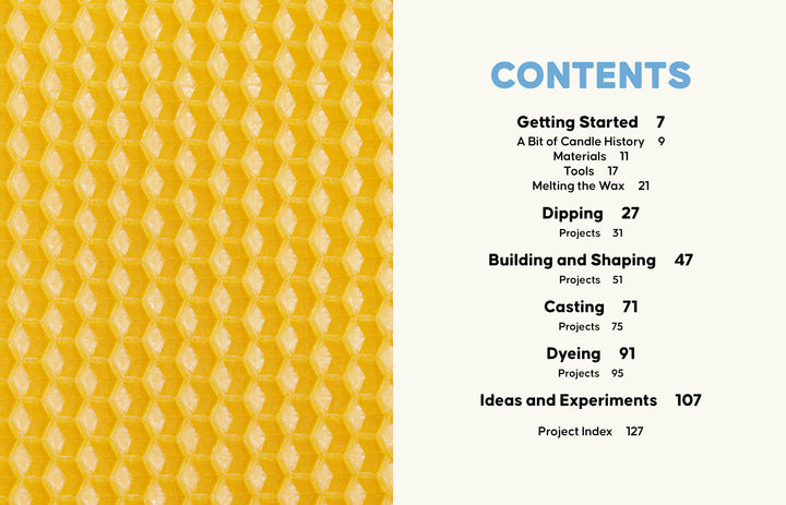 Table of contents for Candle Whimsy by Schiffer Publishing, Ltd. on a cream background, featuring sections like Getting Started, Dipping, Shaping, Casting, Dyeing, and Ideas, with bold blue numbers and a yellow honeycomb wax pattern.