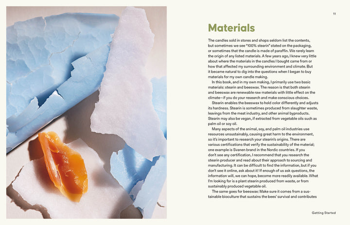An open blue wrapper with golden-brown wax sits on a white surface. To the right, text from Schiffer Publishing, Ltd.’s Candle Whimsy discusses materials, sustainability, and guides beginners in choosing wax and creative candle shapes.
