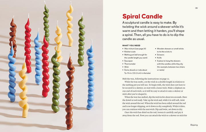 Candle Whimsy by Schiffer Publishing, Ltd. features vibrant spiral candles standing upright on red, casting long shadows. On the right, a beginner’s guide explains step-by-step how to create your own spiral candles.