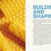 Close-up of bright yellow Candle Whimsy beeswax sheets by Schiffer Publishing, Ltd. with a hexagonal honeycomb pattern; on the right, text headed "BUILDING AND SHAPING" explains their use in crafting creative candle shapes.