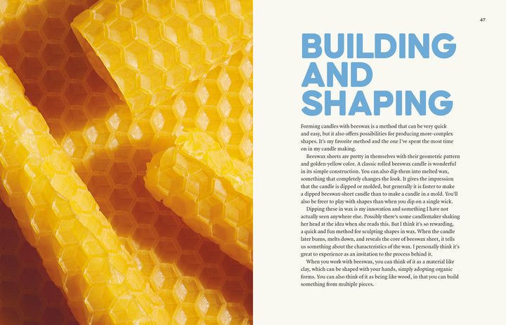 Close-up of bright yellow Candle Whimsy beeswax sheets by Schiffer Publishing, Ltd. with a hexagonal honeycomb pattern; on the right, text headed "BUILDING AND SHAPING" explains their use in crafting creative candle shapes.