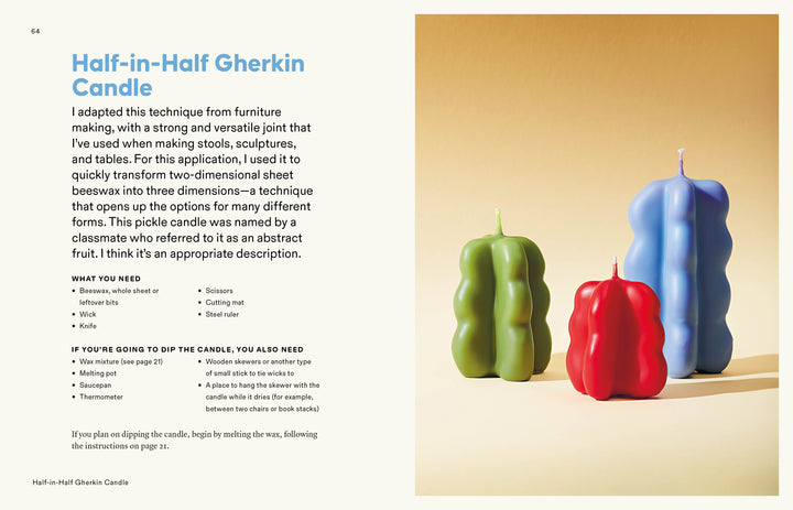 Three sculptural candles—tall blue, medium green, and small red—stand upright on a cream background. On the left is Candle Whimsy, a beginner’s guide to candle making from Schiffer Publishing, Ltd., with instructions displayed.