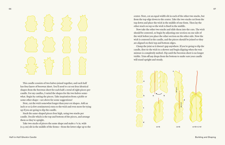 The Candle Whimsy book by Schiffer Publishing, Ltd. introduces beginners to candle making, showcasing creative yellow candle shapes and step-by-step assembly guides with clear stacking and joining instructions.