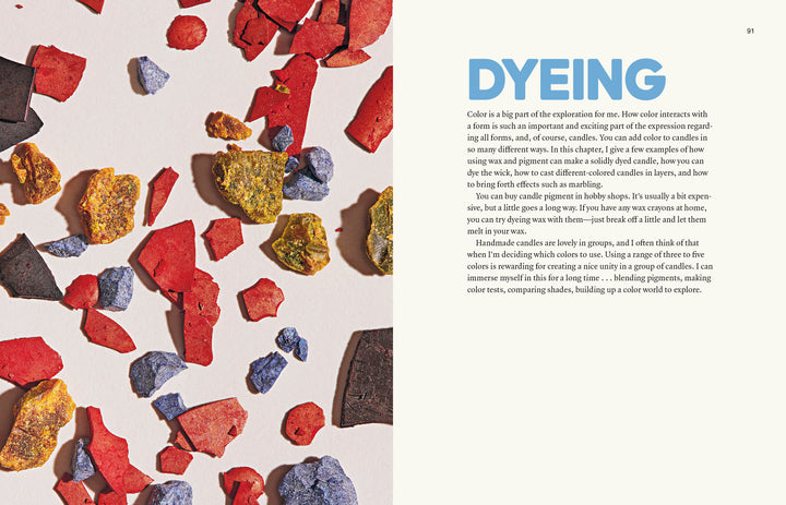 Broken pieces of yellow, red, blue, and brown wax are scattered on a light surface. To the right, a light blue area features "DYEING" and text about creating colorful candles with Candle Whimsy by Schiffer Publishing, Ltd.