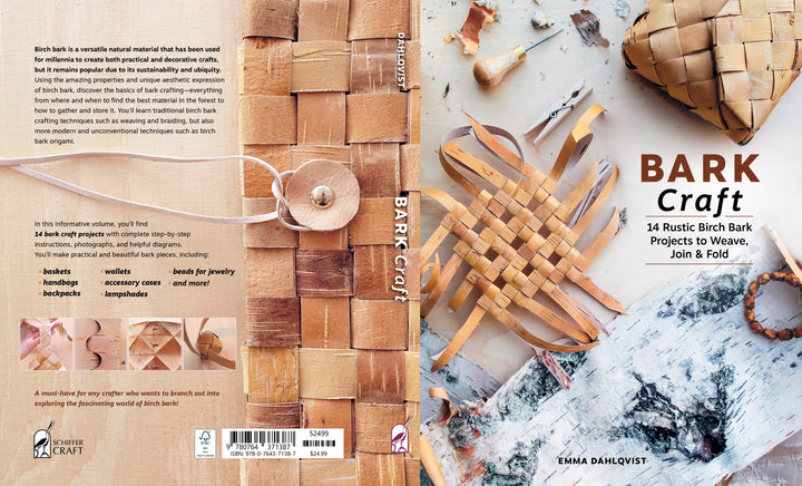 The cover of Bark Craft by Schiffer Publishing, Ltd. displays inspiring birch bark crafts—woven containers, a heart, and a folded star—arranged on a neutral background with coiled bark and descriptive text.