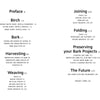 The Bark Craft table of contents by Schiffer Publishing, Ltd. features centered section titles—Preface, Birch, Bark, Harvesting, Weaving, Joining, Folding, Preserving your birch bark projects, The Future—and page numbers on a white background.