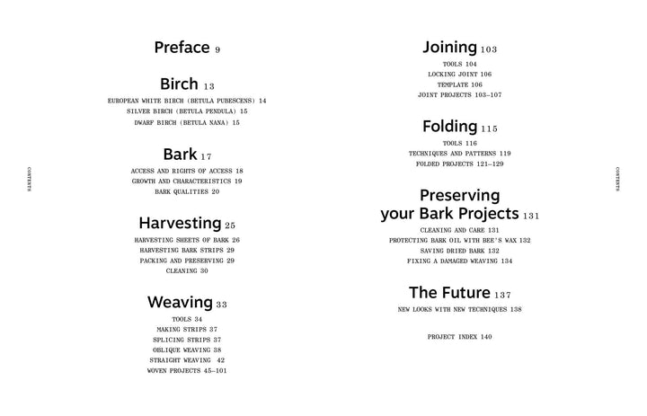 The Bark Craft table of contents by Schiffer Publishing, Ltd. features centered section titles—Preface, Birch, Bark, Harvesting, Weaving, Joining, Folding, Preserving your birch bark projects, The Future—and page numbers on a white background.