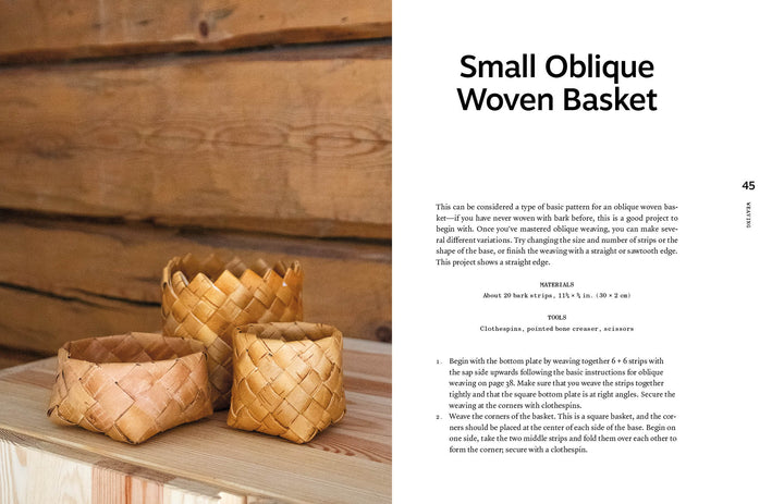 Three small Bark Craft baskets by Schiffer Publishing, Ltd. are displayed on a wooden surface with a rustic backdrop. Text explains birch bark weaving techniques for creating an oblique woven basket.