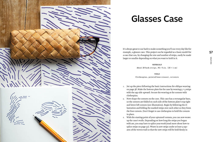 Bark Craft by Schiffer Publishing, Ltd. features a woven tan glasses case inspired by birch bark weaving, placed on a purple patterned surface with a blue-squiggled notepad and orange pencil nearby. The instructions for making the case appear on the right page.