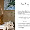 Bark Craft" by Schiffer Publishing, Ltd. features a tan woven handbag inspired by birch bark weaving with a thick braided strap, shown beside a beige knit sweater and green plant. Instructions for making the bag appear on the right page.