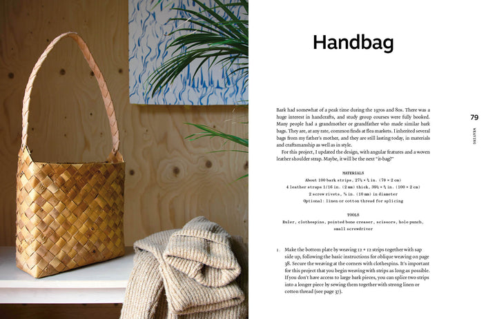 Bark Craft" by Schiffer Publishing, Ltd. features a tan woven handbag inspired by birch bark weaving with a thick braided strap, shown beside a beige knit sweater and green plant. Instructions for making the bag appear on the right page.