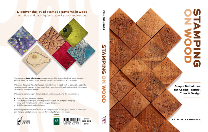 The “Stamping on Wood” book from Schiffer Publishing, Ltd. features embossed wood tiles on the cover and colorful stamped samples of creative stamping techniques on the back. Subtitle: Simple Techniques for Adding Texture, Color & Design.