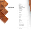 The contents page of "Stamping on Wood" by Schiffer Publishing, Ltd. shows a wooden artwork of square blocks with floral and geometric patterns on the left, and a table of contents for wood stamping techniques and surface design on the right.