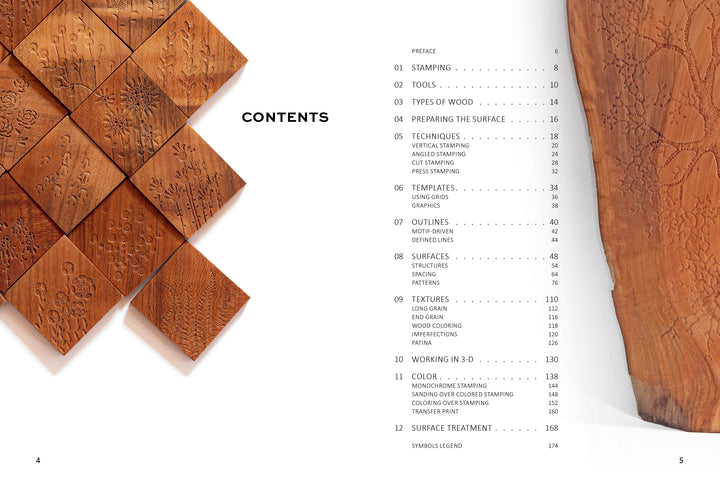 The contents page of "Stamping on Wood" by Schiffer Publishing, Ltd. shows a wooden artwork of square blocks with floral and geometric patterns on the left, and a table of contents for wood stamping techniques and surface design on the right.