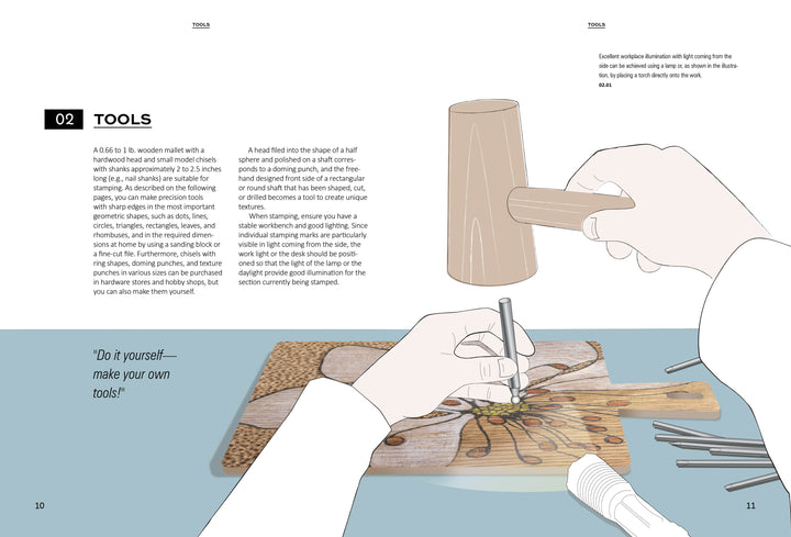 An illustration depicts hands using a wooden mallet and metal tool to stamp a design, with various wood stamping tools and a heat tool on the table. "Stamping on Wood" by Schiffer Publishing, Ltd. features text about leatherworking tools.