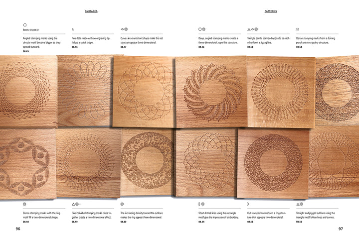 Stamping on Wood by Schiffer Publishing, Ltd. features twelve wooden tiles with unique, laser-engraved geometric patterns—each displaying distinct circular or spiral motifs inspired by traditional and modern stamping techniques.