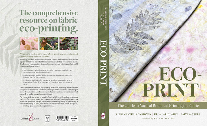 The front and back covers of Schiffer Publishing, Ltd.’s book Eco-Print feature leaf prints in gentle pastel colors, highlighting eco-printing techniques and sustainable textile design for beautiful natural fabrics.