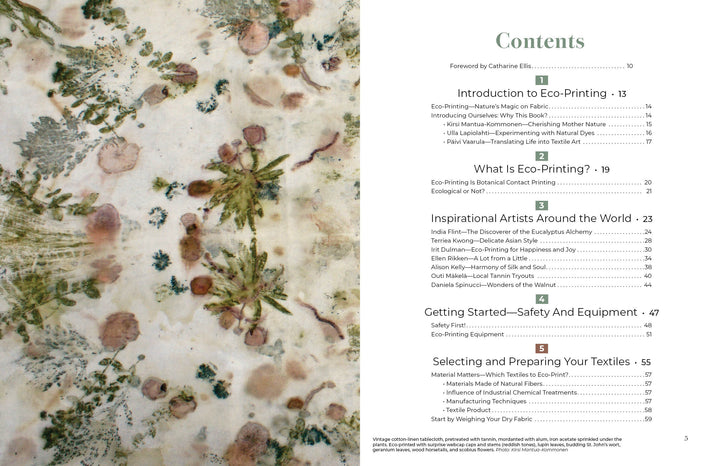 The table of contents for Schiffer Publishing, Ltd.'s "Eco-Print" is set against green, brown, and yellow botanical prints, with chapters on eco-printing history, eco-artists, safety, fabric prep, and sustainable textile techniques.