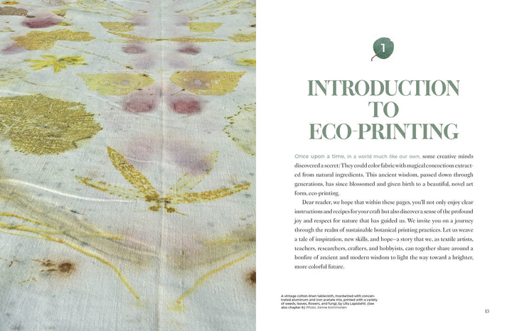 A book spread from "Eco-Print" by Schiffer Publishing, Ltd. shows a close-up of leaf and flower prints in yellow, green, and pink on natural textiles (left page) and the chapter title with introductory text (right page).