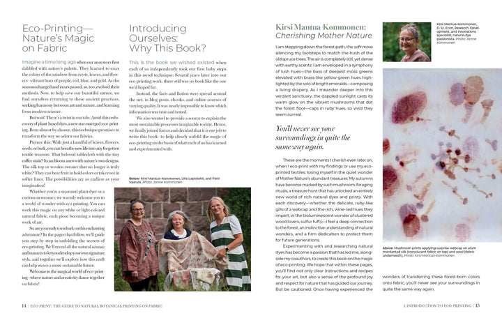 A magazine spread showcases three women outdoors holding a leaf-patterned fabric, with info on Eco-Print by Schiffer Publishing, Ltd., an author photo, and detailed shots of sustainable botanical prints in red tones.