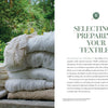 A stack of white and beige fabrics rests on a wooden surface amid greenery and yellow flowers. On the right, text reads, “Selecting & Preparing Your Textiles for Eco-Printing.” Product: Eco-Print by Schiffer Publishing, Ltd.