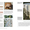 A two-page spread from "Eco-Print" by Schiffer Publishing, Ltd. features step-by-step eco-printing on fabric, with photos, diagrams of materials and techniques, plus a table adorned with eco-printed cloth to highlight sustainable textile methods.
