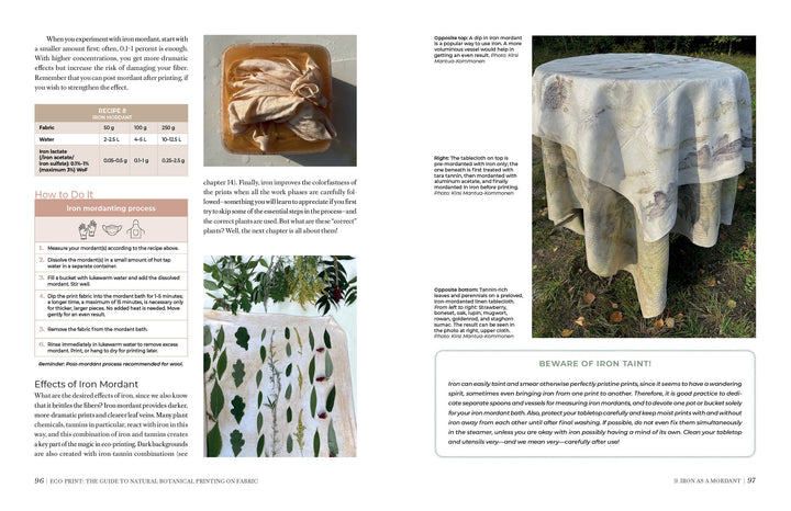 A two-page spread from "Eco-Print" by Schiffer Publishing, Ltd. features step-by-step eco-printing on fabric, with photos, diagrams of materials and techniques, plus a table adorned with eco-printed cloth to highlight sustainable textile methods.