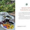A table set outdoors with plates of vibrant flowers and foliage is surrounded by ferns. Text discusses Schiffer Publishing, Ltd.'s Eco-Print book, which covers plant selection for eco-printing and sustainable textile techniques.