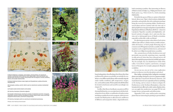 A two-page spread in *Eco-Print* by Schiffer Publishing, Ltd. features fabric samples with vibrant botanical prints, close-up plant photos, and text on eco-printing and sustainable textile techniques for beautiful, natural fabrics.