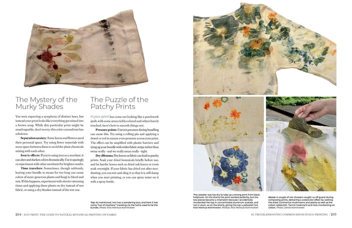 An open book, Eco-Print by Schiffer Publishing, Ltd., displays fabric pieces with natural dye prints in earthy hues. A large scarf features muted florals, while close-ups reveal abstract eco-printing and text on sustainable textile techniques.