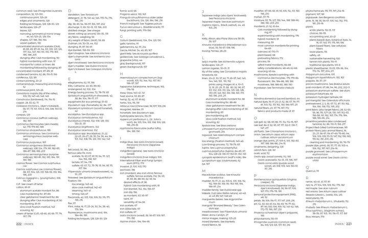 A two-page spread from "Eco-Print" by Schiffer Publishing, Ltd. shows a book index with dense, three-column text per page. Alphabetized entries (C–P), including eco-printing and sustainable textile techniques, are listed with page numbers; no images or graphics appear.