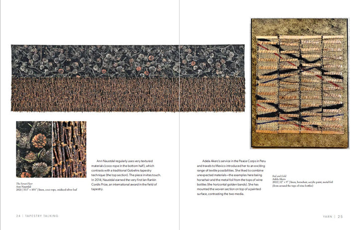 Two pages from Tapestry Talking by Schiffer Publishing, Ltd. feature close-up photos of textured and patterned tapestries, woven details, and text describing tapestry weaving techniques and the artists’ inspirations.