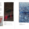 A magazine spread from Schiffer Publishing, Ltd.'s "Tapestry Talking" shows a red chicken tapestry on the left and two contemporary woven artworks on the right: one features a dark red abstract design, the other is blue with white dotted patterns.