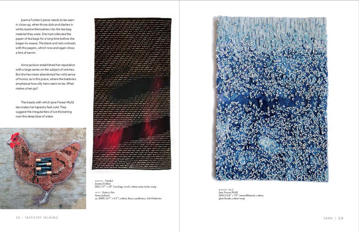 A magazine spread from Schiffer Publishing, Ltd.'s "Tapestry Talking" shows a red chicken tapestry on the left and two contemporary woven artworks on the right: one features a dark red abstract design, the other is blue with white dotted patterns.